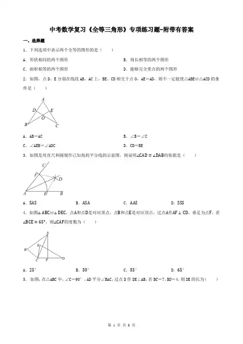 中考数学复习《全等三角形》专项练习题-附带有答案