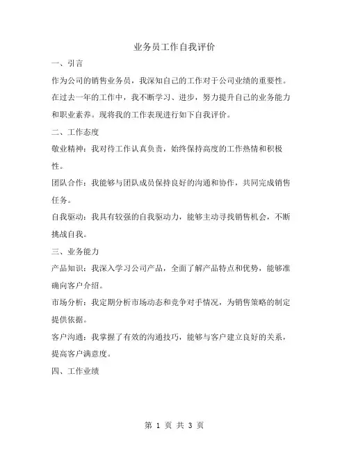 业务员工作自我评价范文