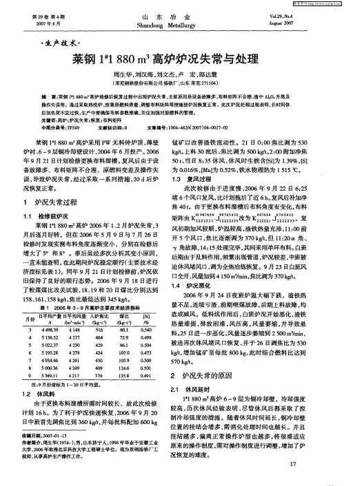 莱钢1#1 880m 3高炉炉况失常与处理