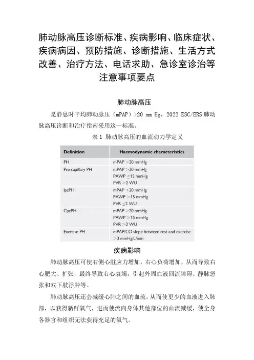 肺动脉高压诊断标准、疾病影响、临床症状、疾病病因、预防措施、诊断措施、治疗、急诊室诊治等注意事项要点
