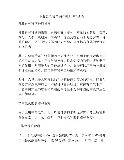 补脾胃和肾的药有哪些药物名称