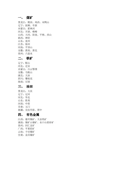 中国的矿产、水电资源详细列表