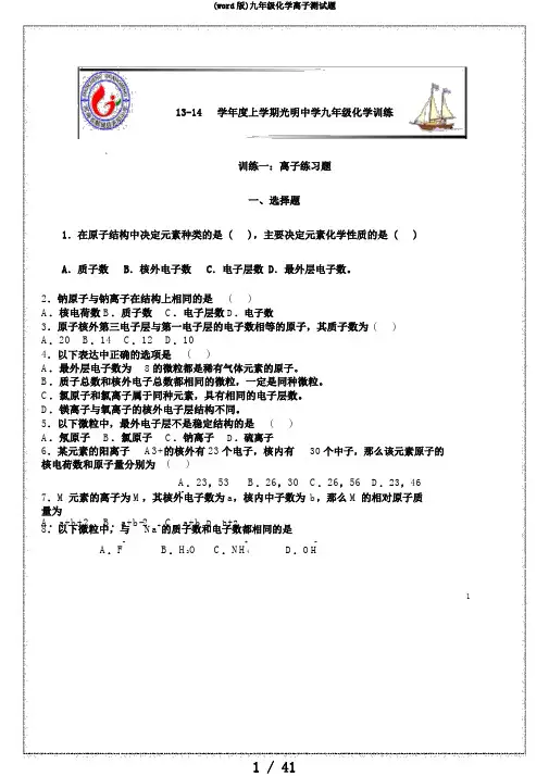 (word版)九年级化学离子测试题