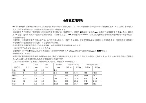 公称直径对照表