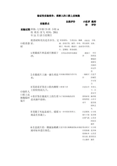 验证性实验报告观察人的口腔上皮细胞
