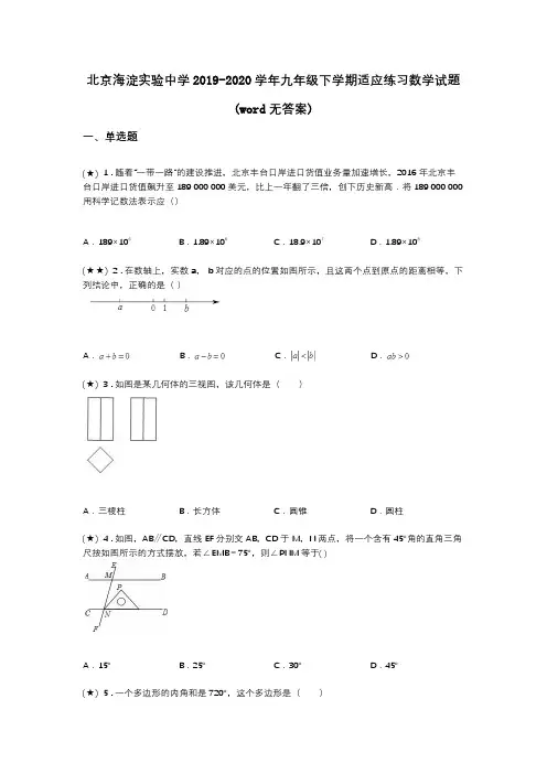 北京海淀实验中学2019-2020学年九年级下学期适应练习数学试题(word无答案)