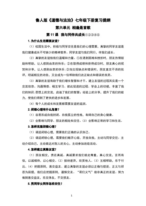 鲁人版《道德与法治》七年级下册复习提纲