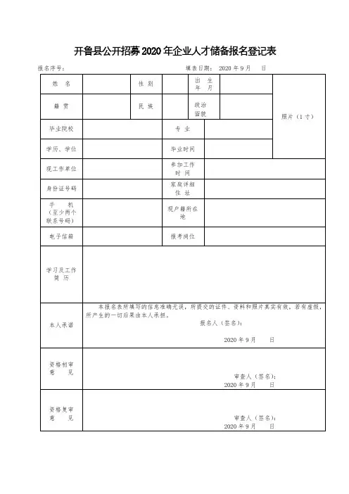 开鲁县公开招募2020年企业人才储备报名登记表【模板】