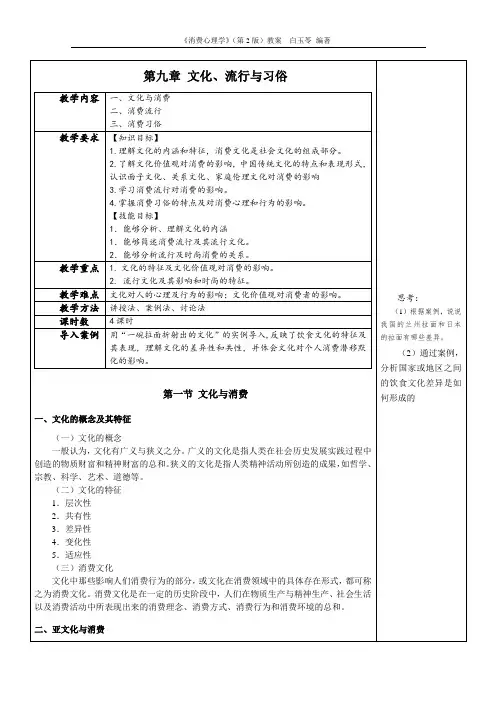 消费心理学教学教案(共14章)第九章 文化、流行与习俗
