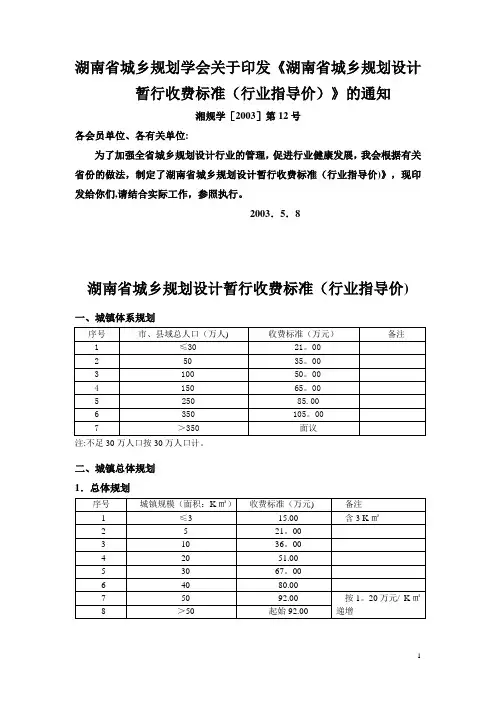 湖南省城乡规划设计暂行收费标准(行业指导价)
