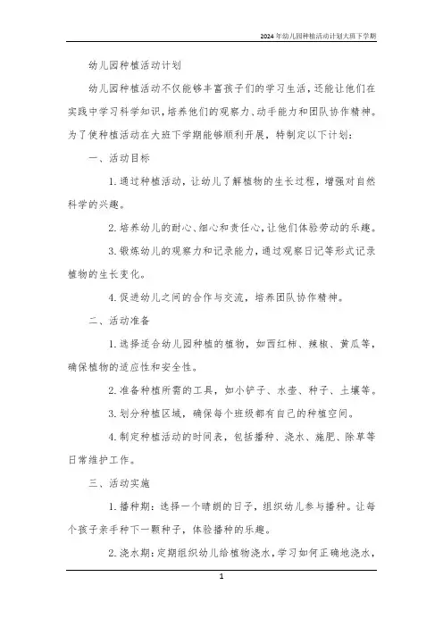 2024年幼儿园种植活动计划大班下学期