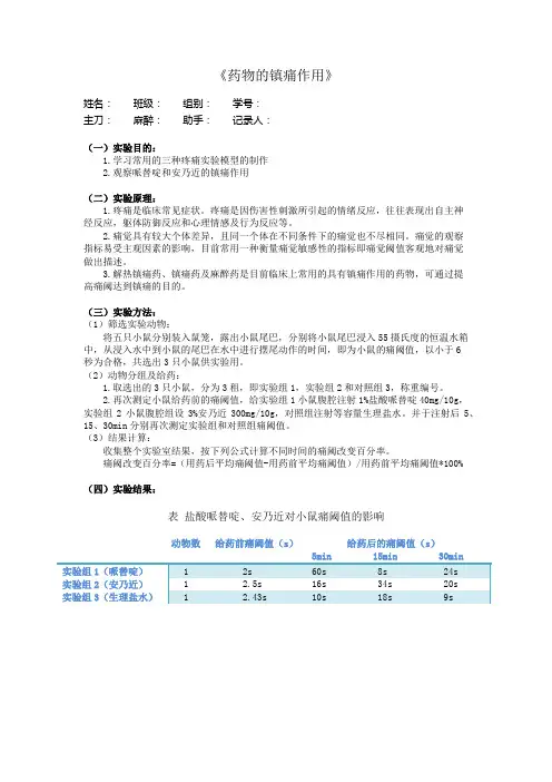 机能实验学 药物的镇痛作用