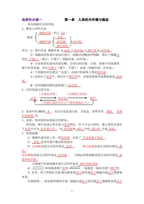 第一章 人体的内环境与稳态基础知识-高二上学期生物人教版选择性必修1