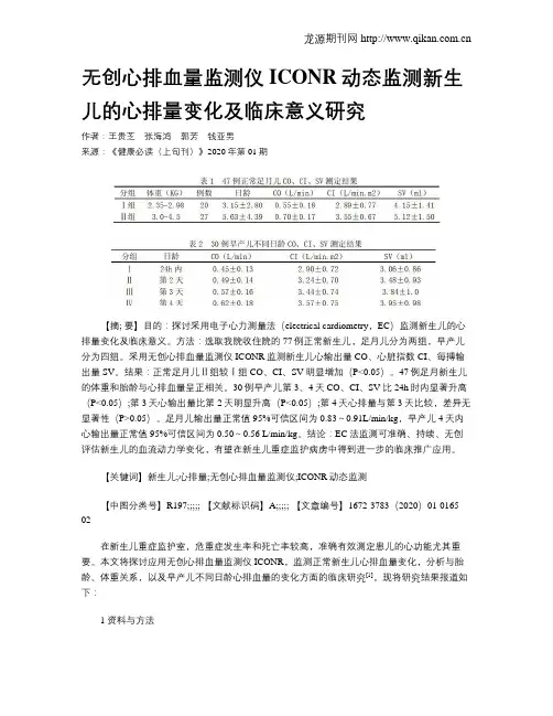 无创心排血量监测仪ICONR动态监测新生儿的心排量变化及临床意义研究