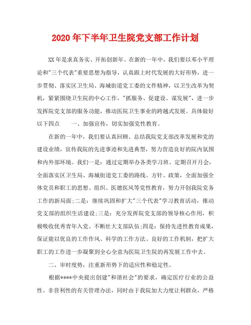 2020年下半年卫生院党支部工作计划
