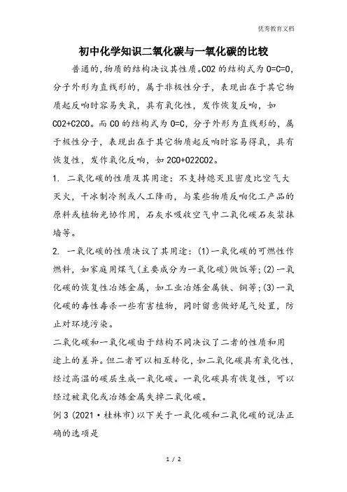 初中化学知识二氧化碳与一氧化碳的比较