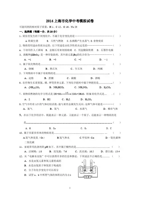 2014年上海市初中毕业统一学业考试模拟考试化学试卷6