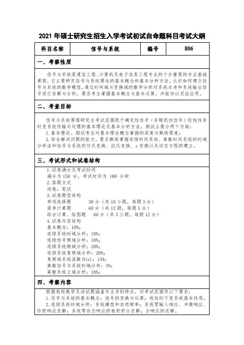 江汉大学811信号与系统2021年考研专业课初试大纲