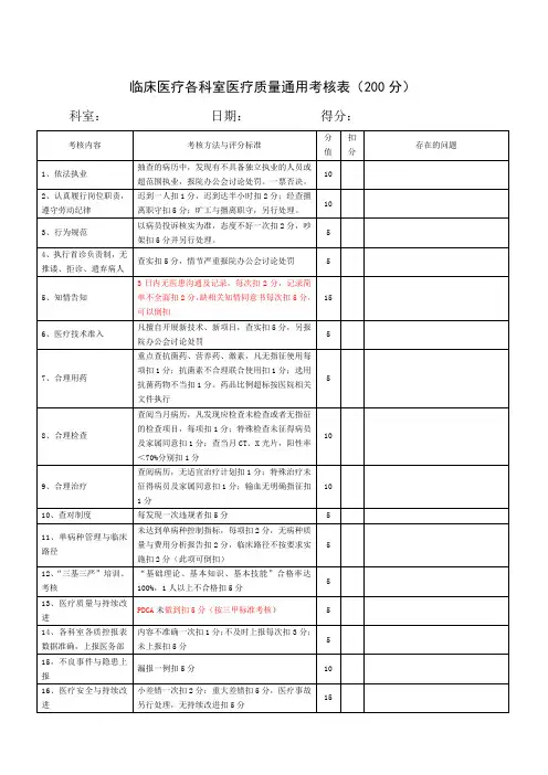 医疗质量考核表