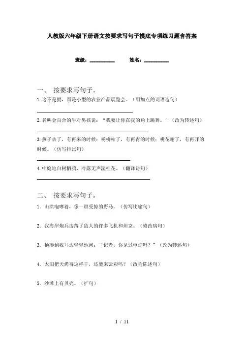 人教版六年级下册语文按要求写句子摸底专项练习题含答案