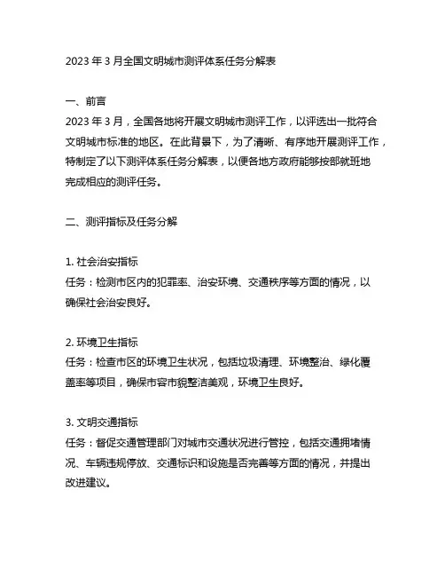 2023年3月全国文明城市测评体系任务分解表