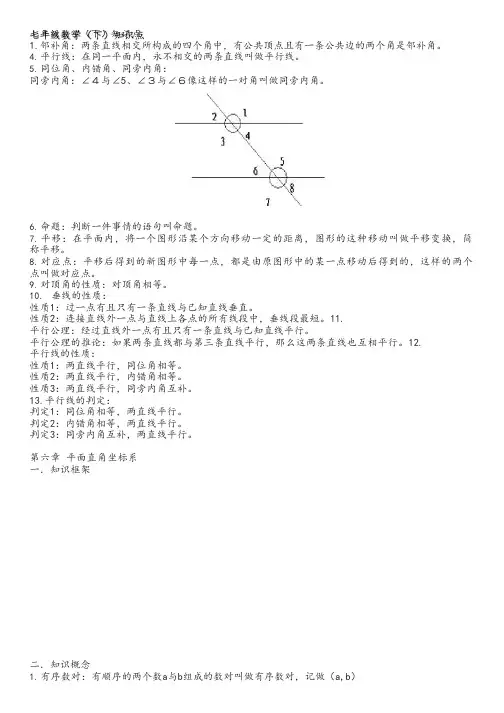 初中数学七年级下册知识点及公式总结大全(人教版)