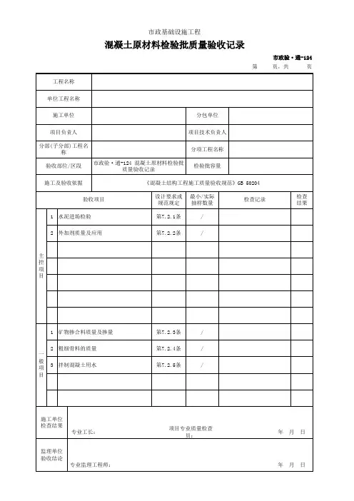 混凝土原材料检验批质量验收记录
