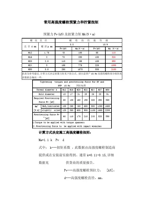 常用高强度螺栓预紧力和拧紧扭矩