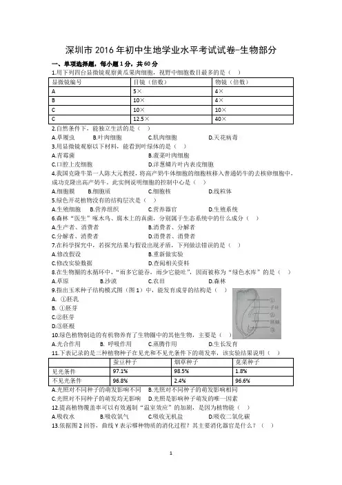 2016年深圳市生地会考真题-生物部分