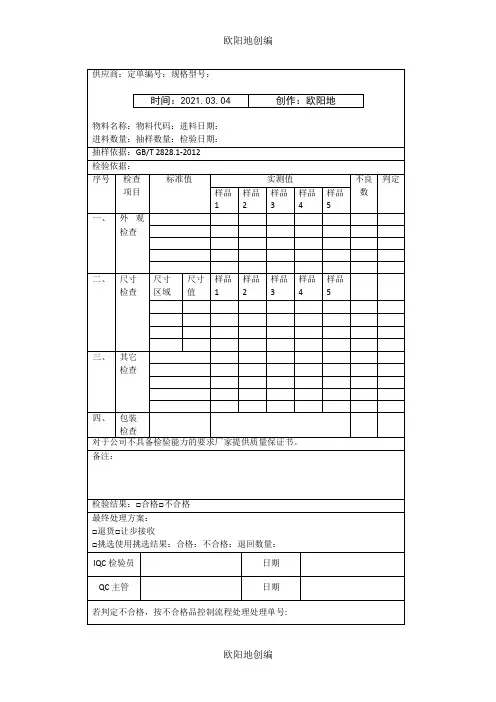 来料检验记录表(模板)之欧阳地创编