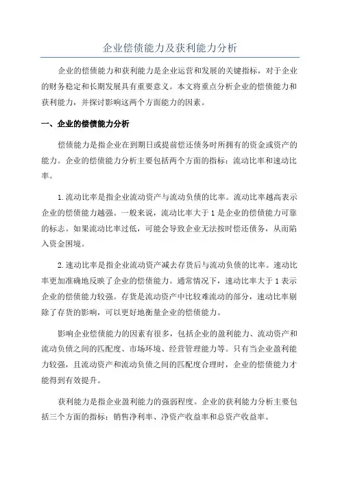 企业偿债能力及获利能力分析