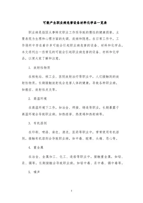 可能产生职业病危害设备材料化学品一览表