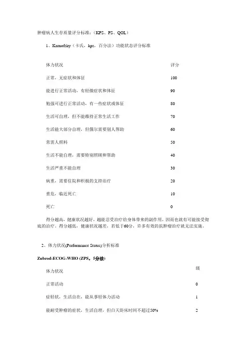 最全肿瘤病人评分标准(PS、KPS、QOL、ECOG)