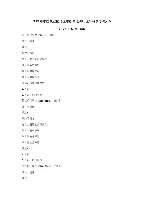 2013年中医执业医师医学综合笔试壮医外科学考试大纲