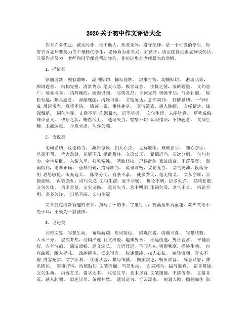 2020关于初中作文评语大全