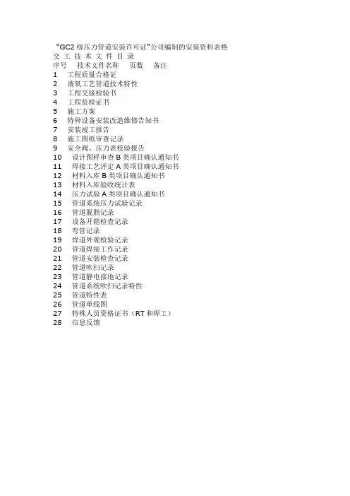 “GC2级压力管道安装许可证”公司编制的安装资料表格
