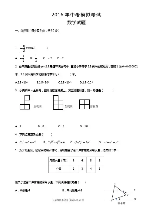 2016年中考模拟数学试题