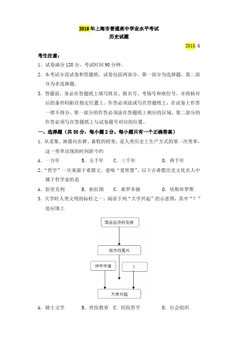 2018年上海市省普通高中学业水平考试历史试卷及参考答案.doc