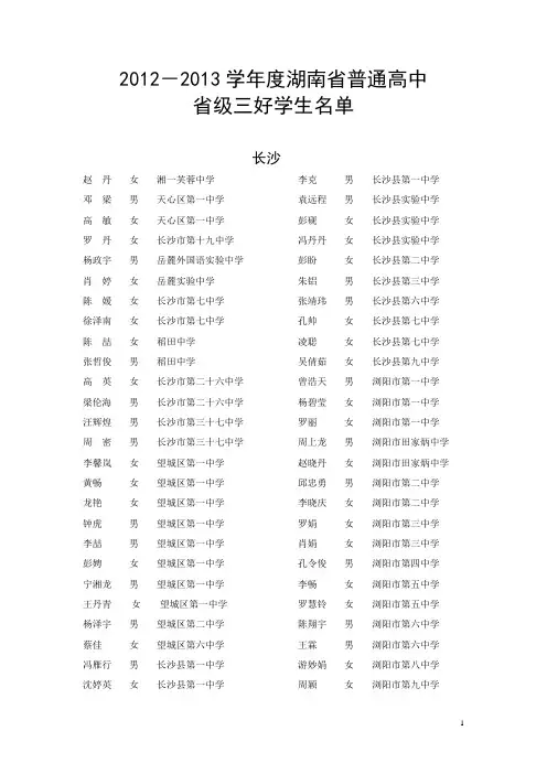 2012-2013学年度湖南省普通高中省级三好学生名单