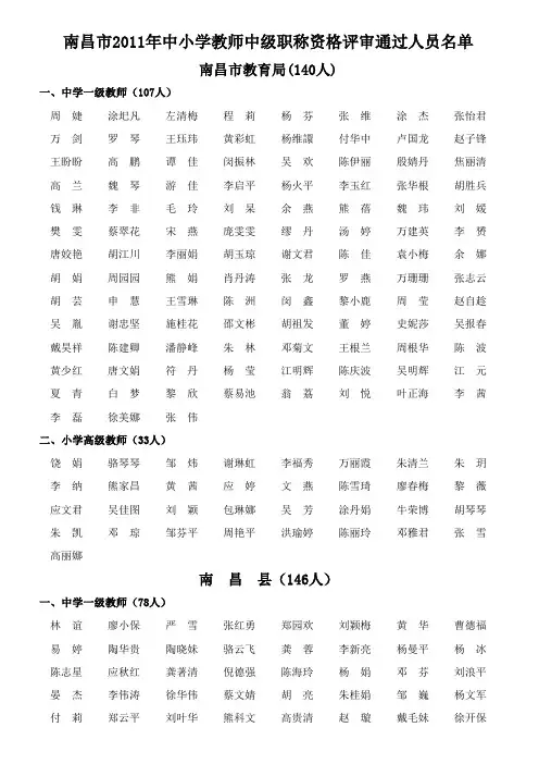 南昌市2011年中小学教师中级职称资格评审通过人员名单