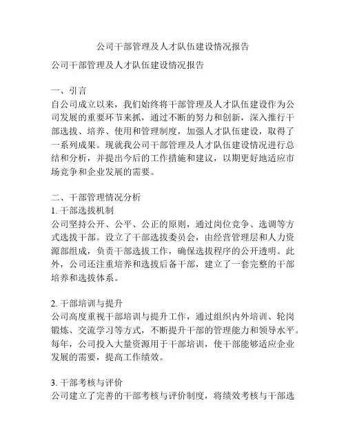 公司干部管理及人才队伍建设情况报告