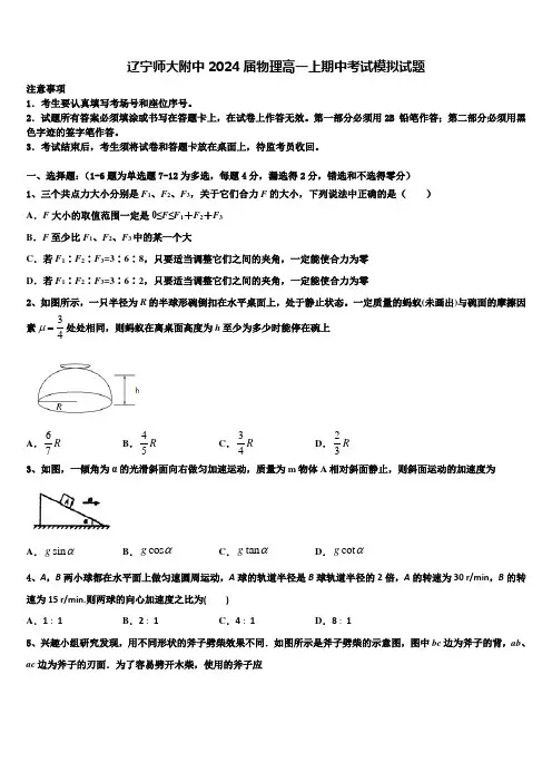 辽宁师大附中2024届物理高一上期中考试模拟试题含解析