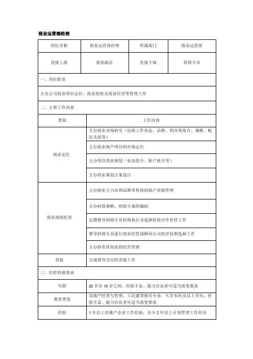 商业运营部经理岗位说明书
