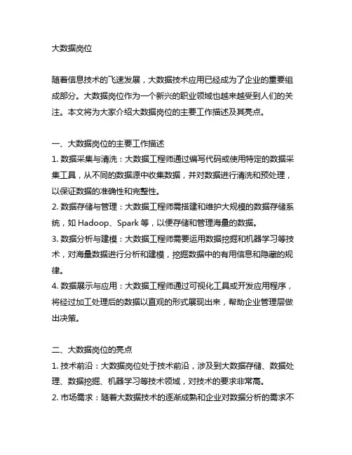 大数据岗位 主要工作描述及亮点