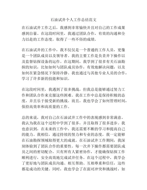 石油试井个人工作总结范文