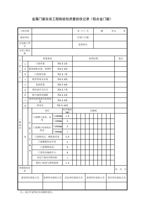 金属门窗安装工程检验批质量验收记录(铝合金门窗)GB50210-2001