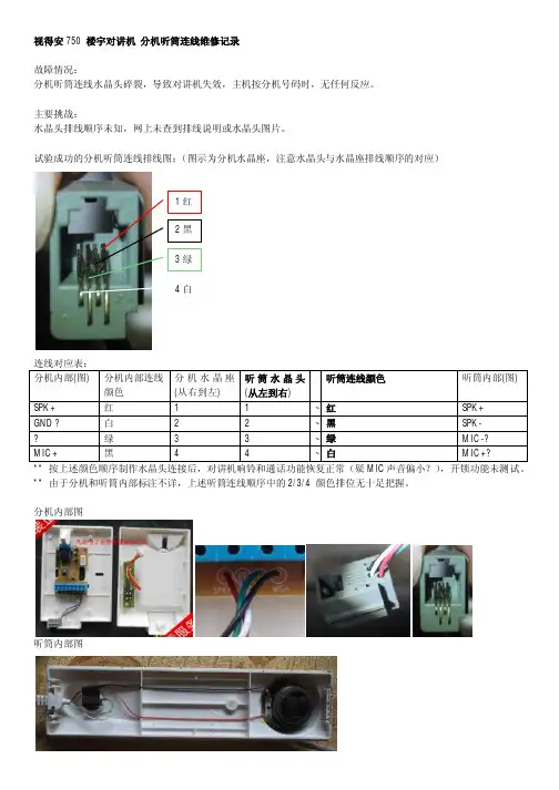 视得安对讲系统 听筒连线维修记录 750 水晶头更换