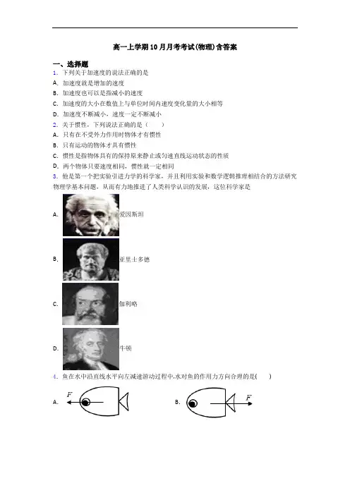 高一上学期10月月考考试(物理)含答案