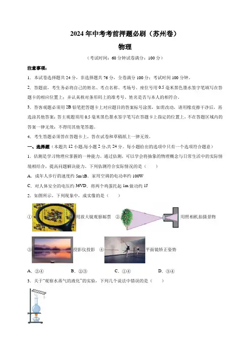 2024年江苏省 苏州市 中考考前押题物理必刷卷(苏州卷)(含解析)