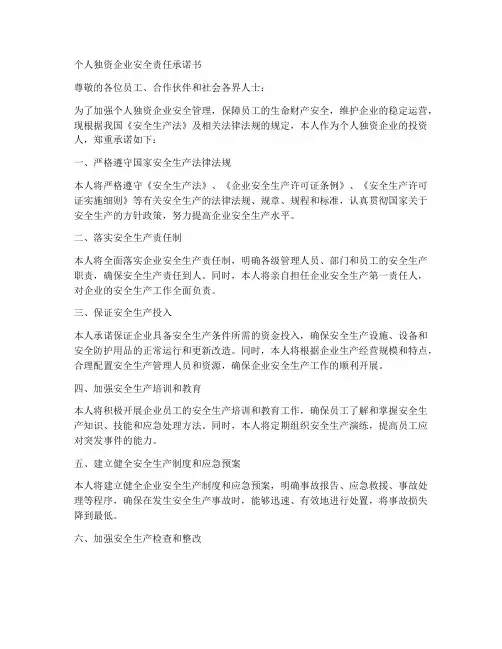 个人独资企业安全责任承诺书